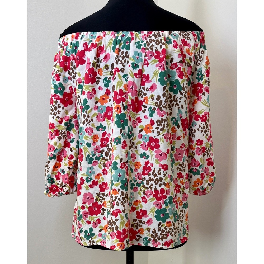 Easel Floral Leopard Off Shoulder Balloon Sleeve‎ Blouse M